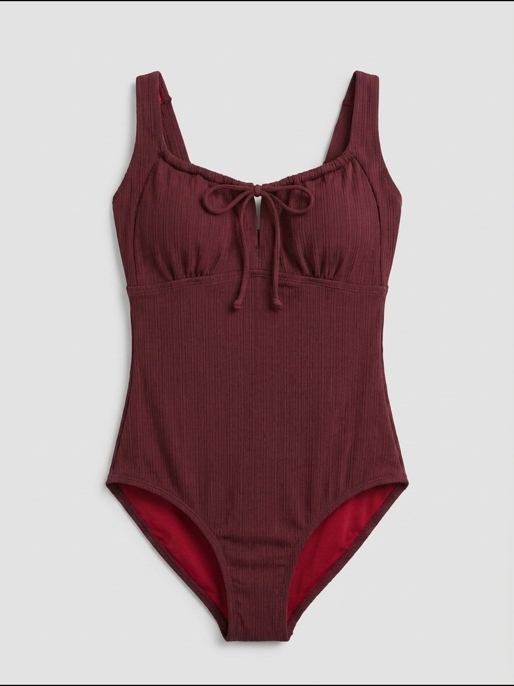 Women's Size Small Ribbed One Piece Swimsuit Burgundy Tie Front Bathing Suit